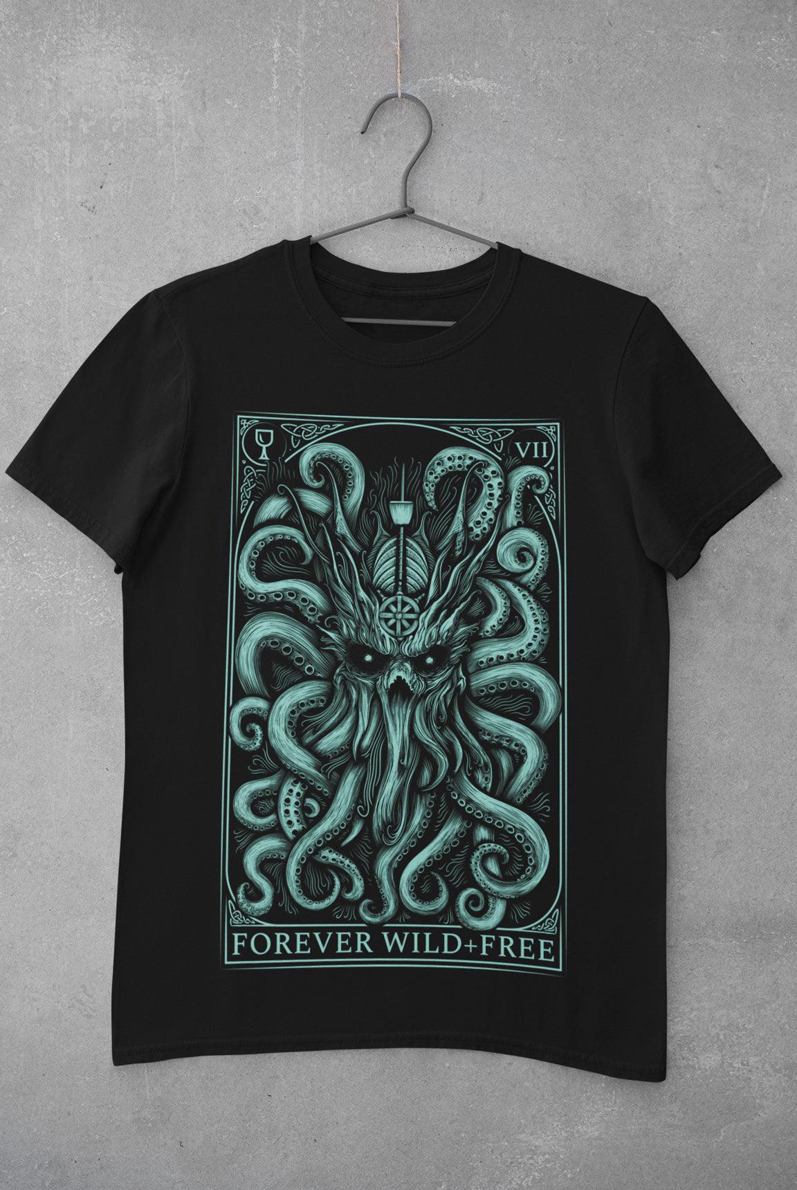 The Decorated Kraken blue on black T Shirt front print - Wild and Free Occult Art and Clothing