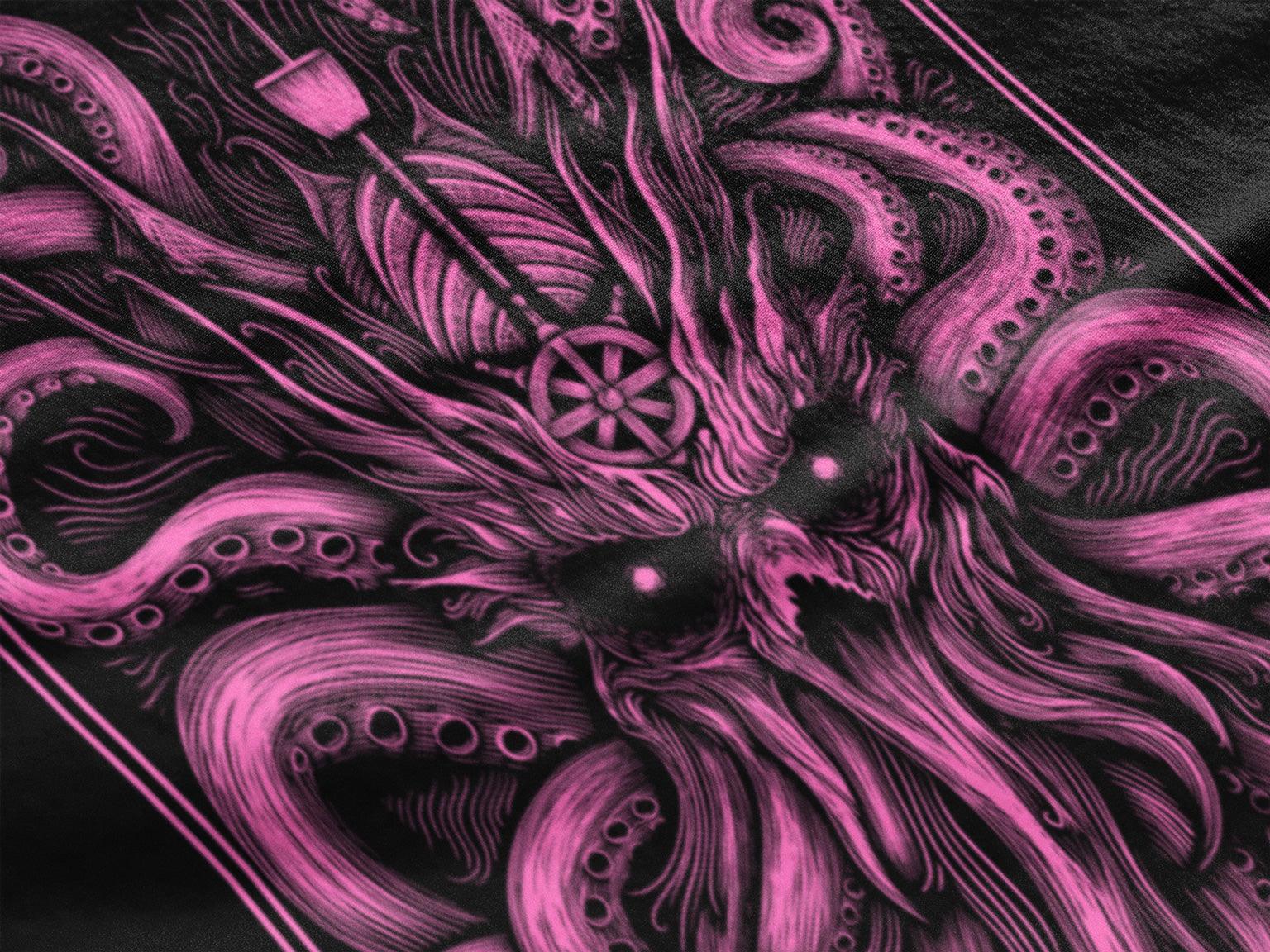 The Decorated Kraken pink on black T Shirt front print - Wild and Free Occult Art and Clothing