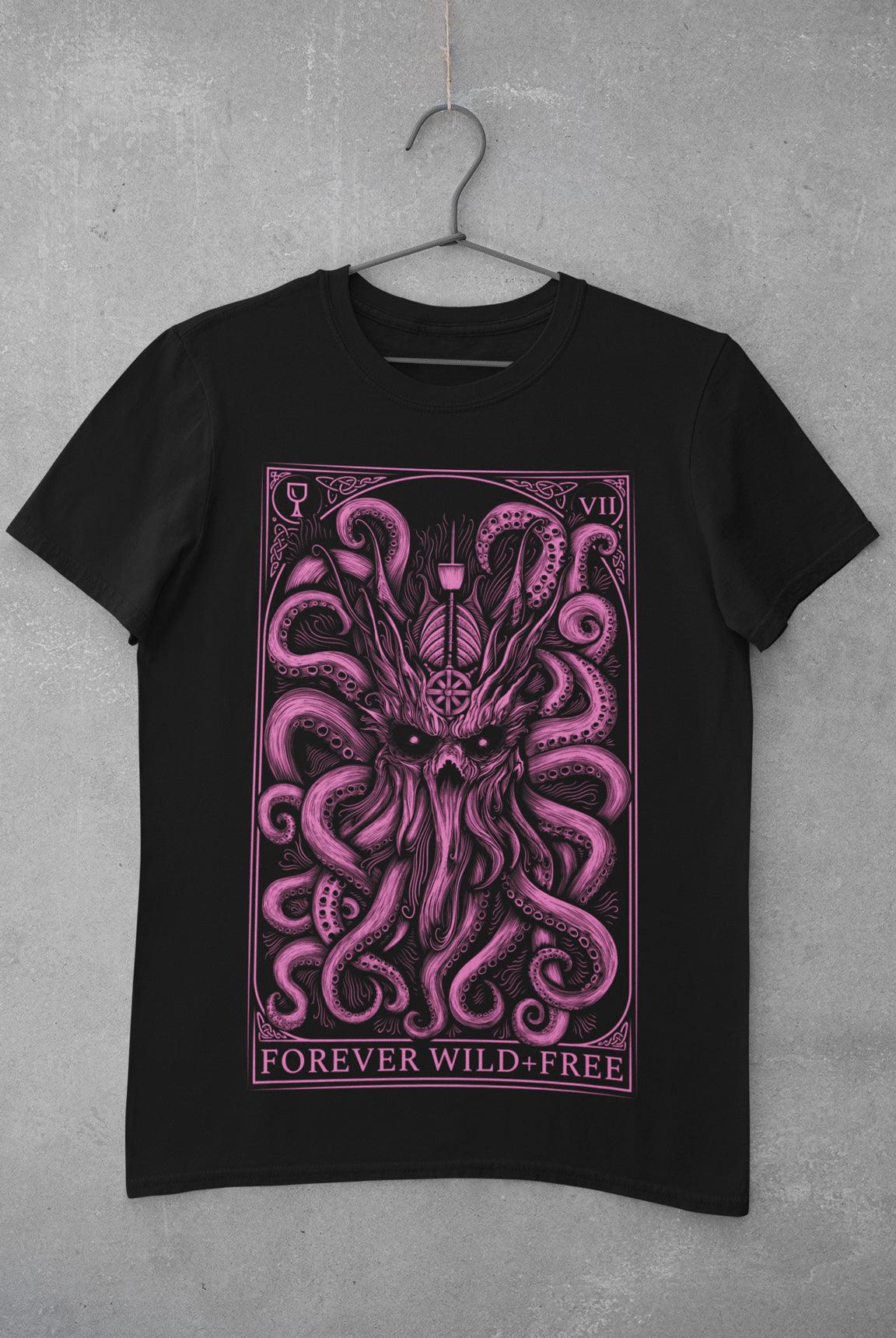 The Decorated Kraken pink on black T Shirt front print - Wild and Free Occult Art and Clothing