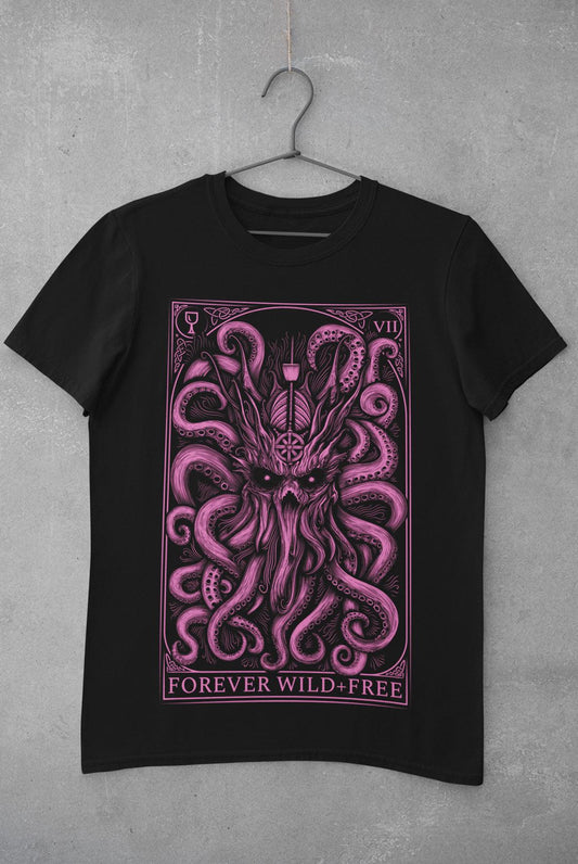 The Decorated Kraken pink on black T Shirt front print - Wild and Free Occult Art and Clothing