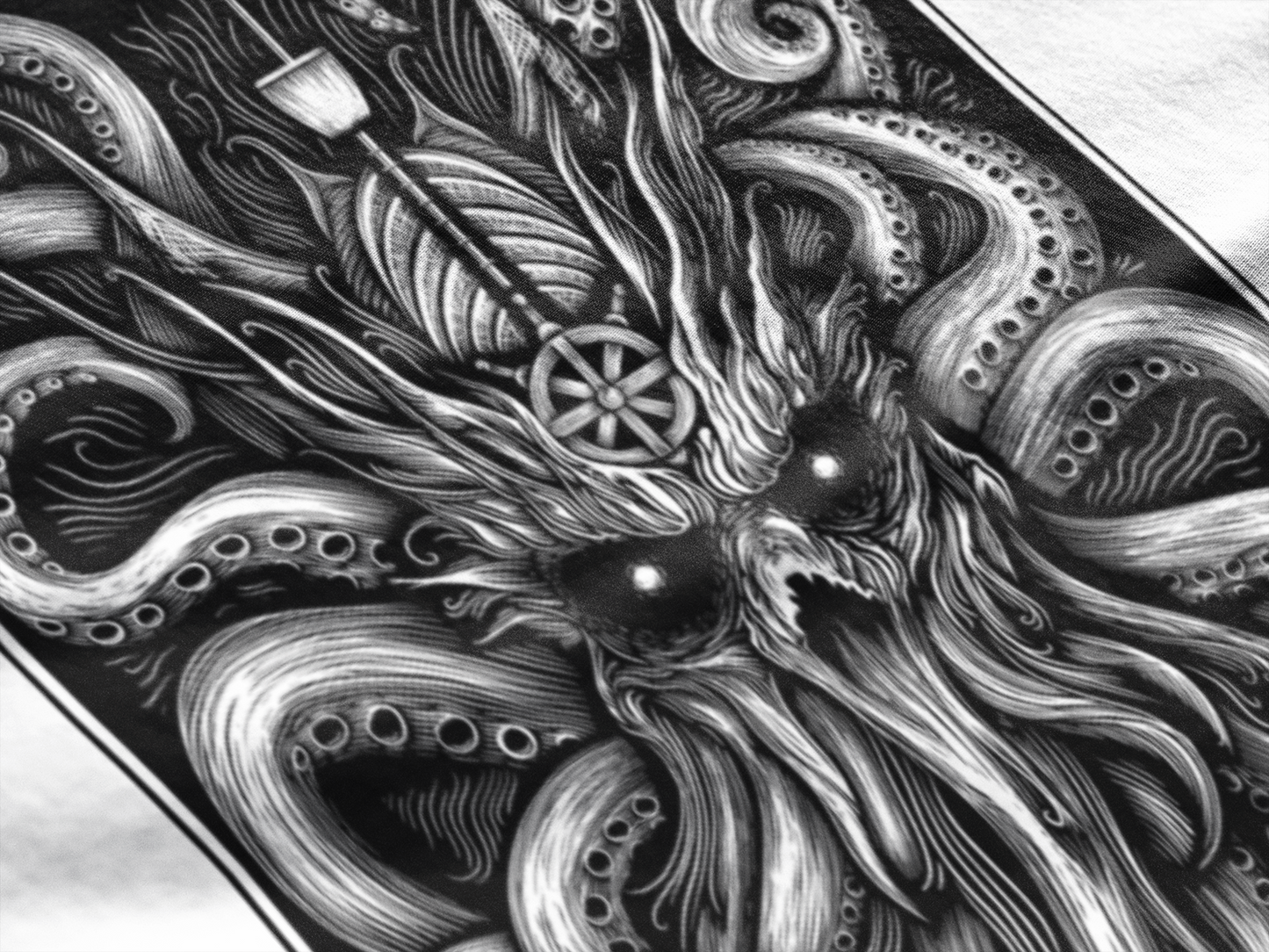 The Decorated Kraken black on black T Shirt front print - Wild and Free Occult Art and Clothing