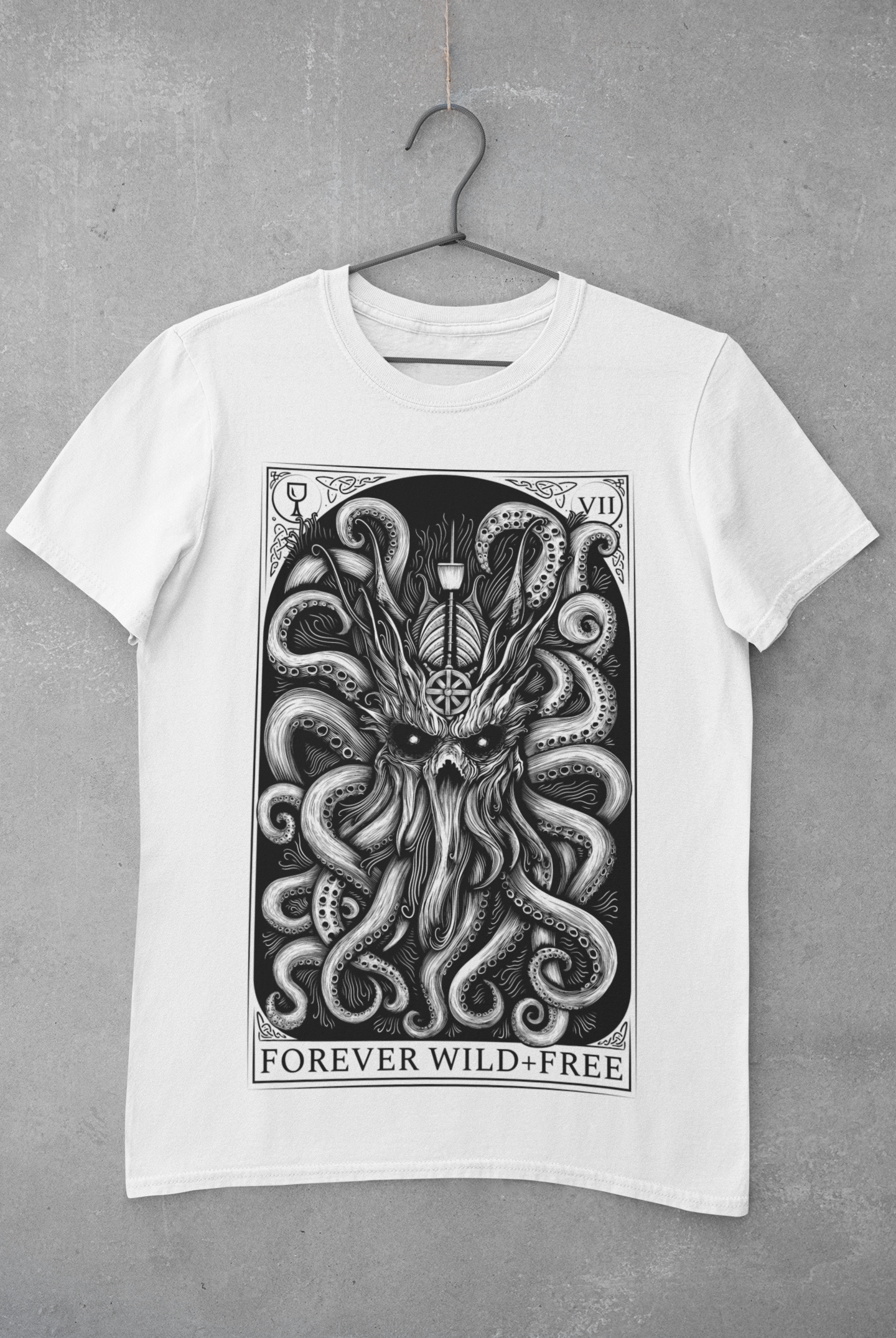 The Decorated Kraken black on black T Shirt front print - Wild and Free Occult Art and Clothing