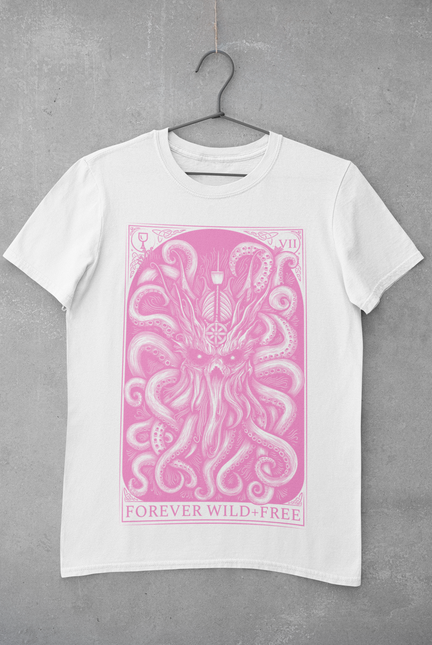 The Decorated Kraken pink on white T Shirt front print - Wild and Free Occult Art and Clothing