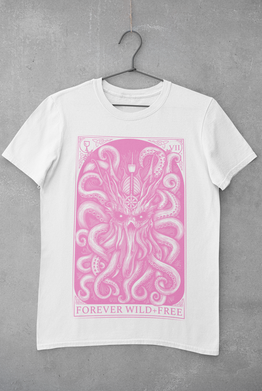 The Decorated Kraken pink on white T Shirt front print - Wild and Free Occult Art and Clothing