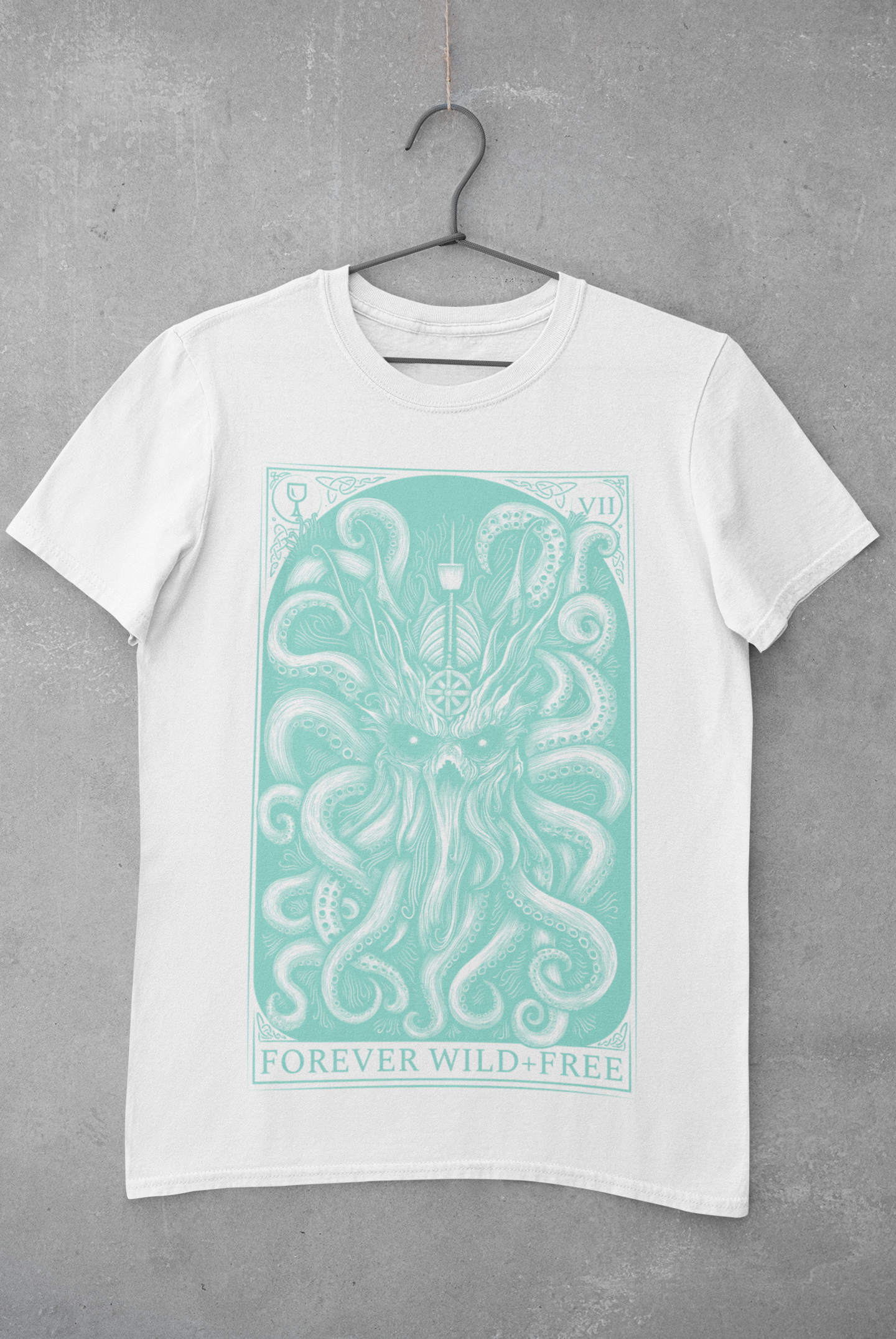 The Decorated Kraken blue on white T Shirt front print - Wild and Free Occult Art and Clothing