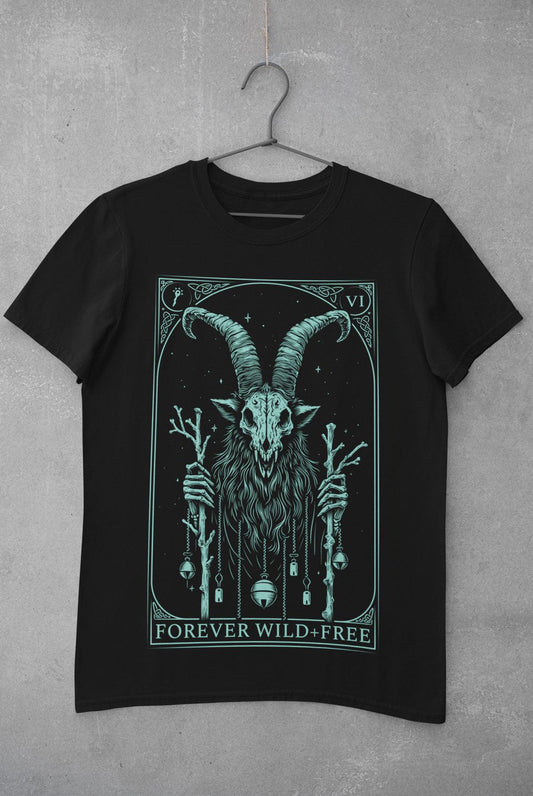 Krampus Tarot Style Unisex Blue on Black T-Shirt - Wild and Free Occult Art and Clothing