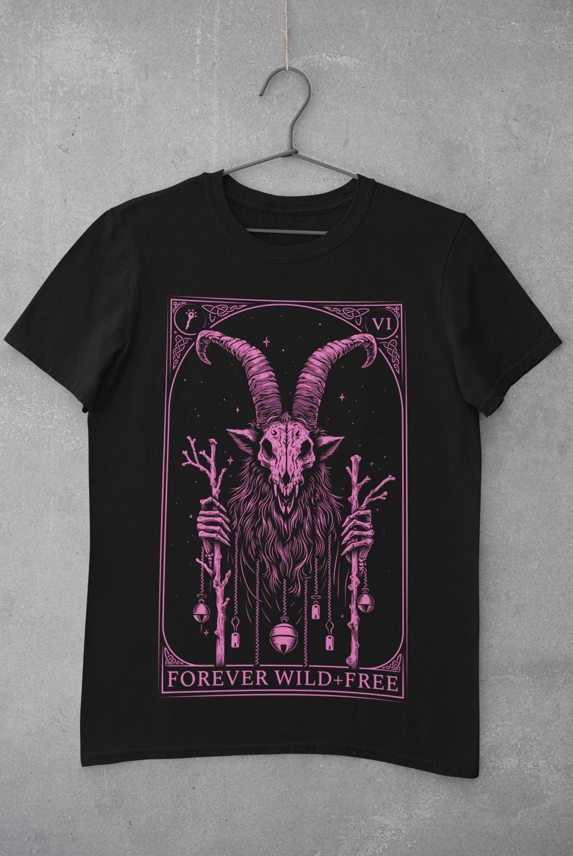 Krampus Tarot Style Unisex Pink on Black T-Shirt - Wild and Free Occult Art and Clothing