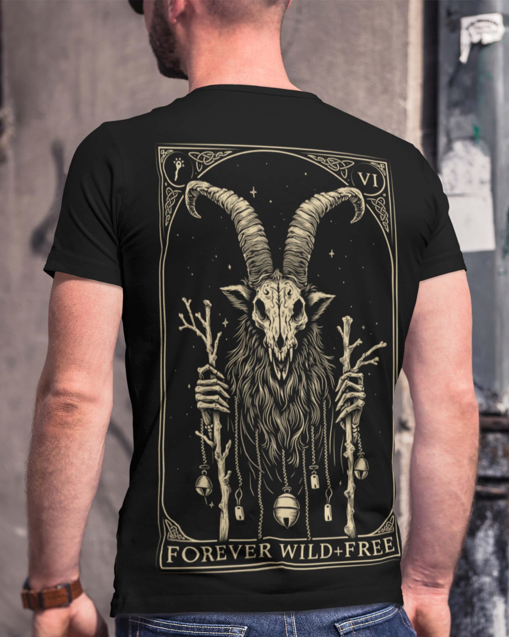 The Krampus Tarot Style Back Print Unisex Black T-Shirt - Wild and Free Occult Art and Clothing