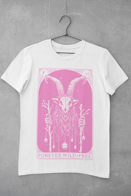 Krampus Tarot Style Unisex Pink on White T-Shirt - Wild and Free Occult Art and Clothing