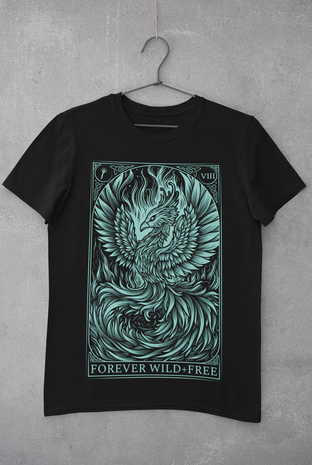 Phoenix Rebirth Front Print Blue on Black T-Shirt - Wild and Free Occult Art and Clothing