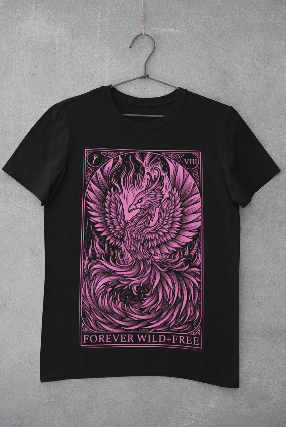 Phoenix Rebirth Front Print Pink on Black T-Shirt - Wild and Free Occult Art and Clothing