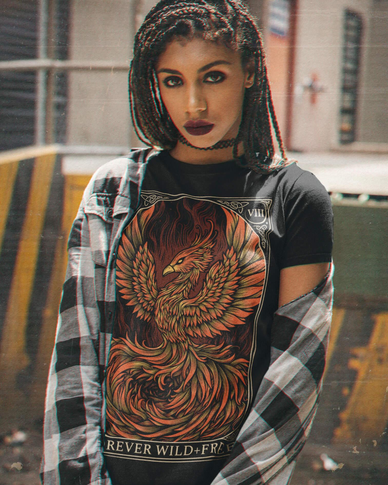 Phoenix Rebirth in Colour Front Print T-Shirt - Wild and Free Occult Art and Clothing