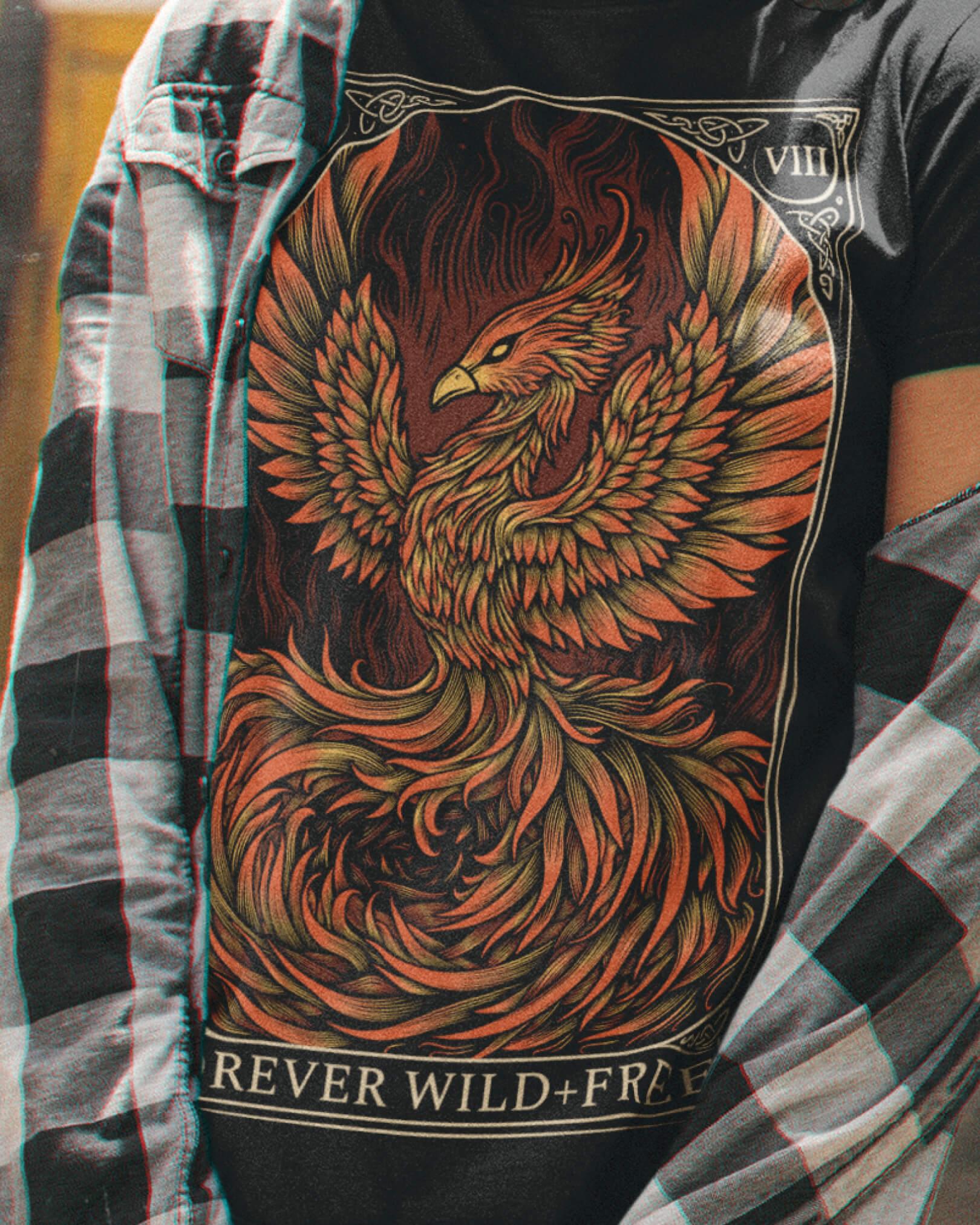 Phoenix Rebirth in Colour Front Print T-Shirt - Wild and Free Occult Art and Clothing