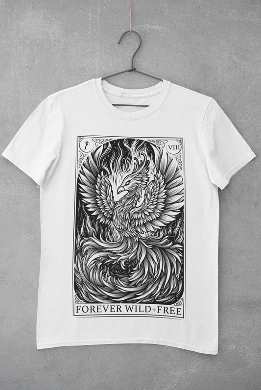 Phoenix Rebirth Front Print Black on White T-Shirt - Wild and Free Occult Art and Clothing