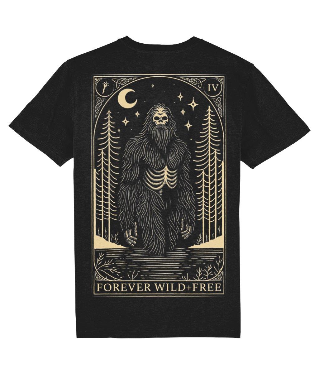 Mystic Bigfoot Tarot Style Back Print Black T-Shirt - Wild and Free Occult Art and Clothing